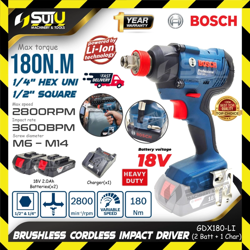 BOSCH GDX 180-LI / GDX180-LI 18V Cordless Impact Wrench / Driver 180NM 2800rpm + 2xBatt2.0 + Charger