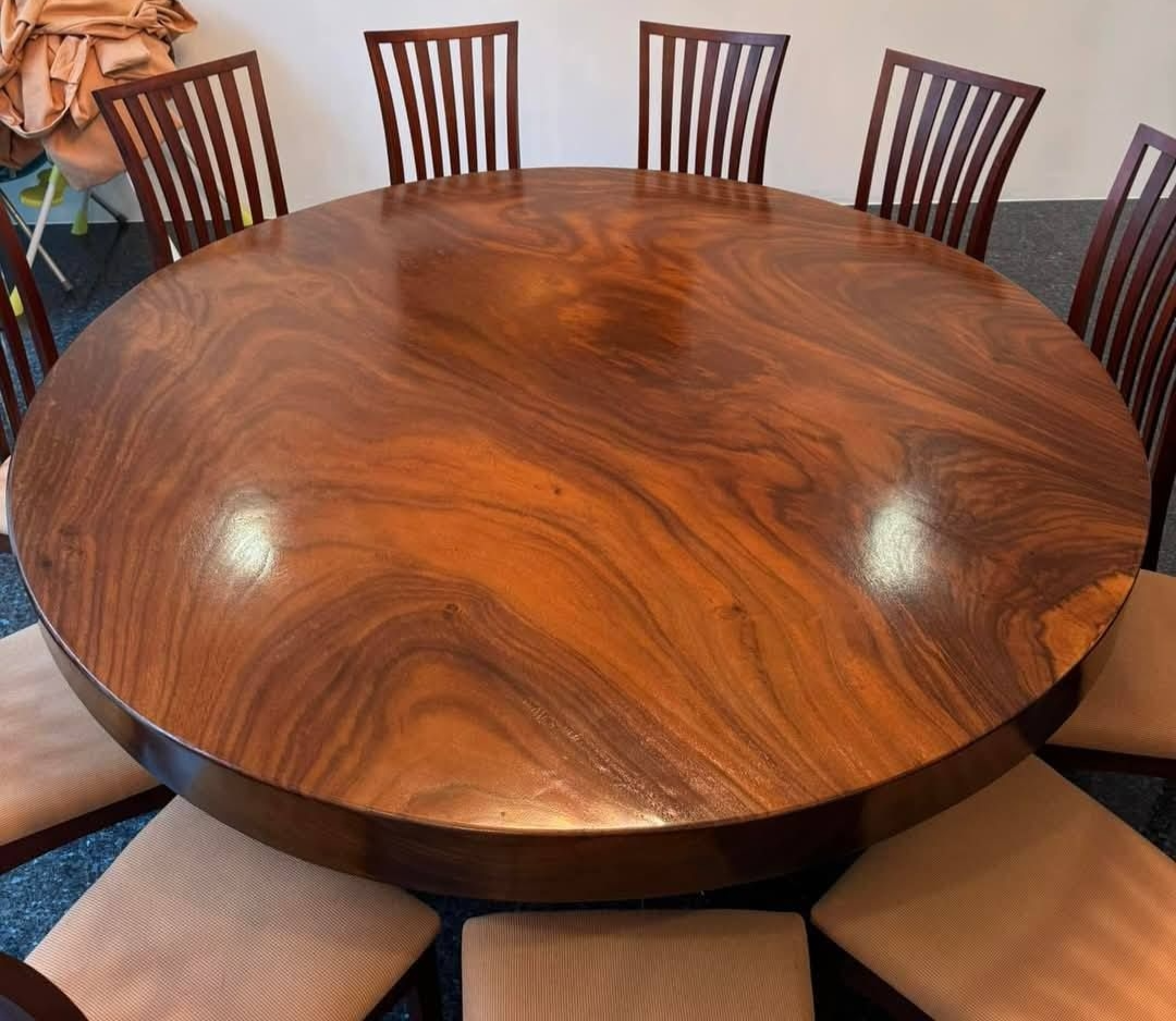 Round Tigerwood Dining Table with Slat Back Chairs