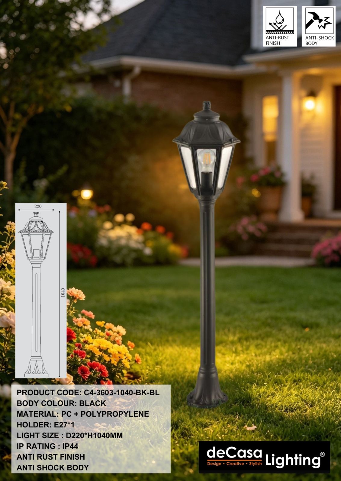 H1040MM ANTI RUST OUTDOOR BOLLARD / LANDSCAPE BOLLARD (3603-1040-BK-BL)