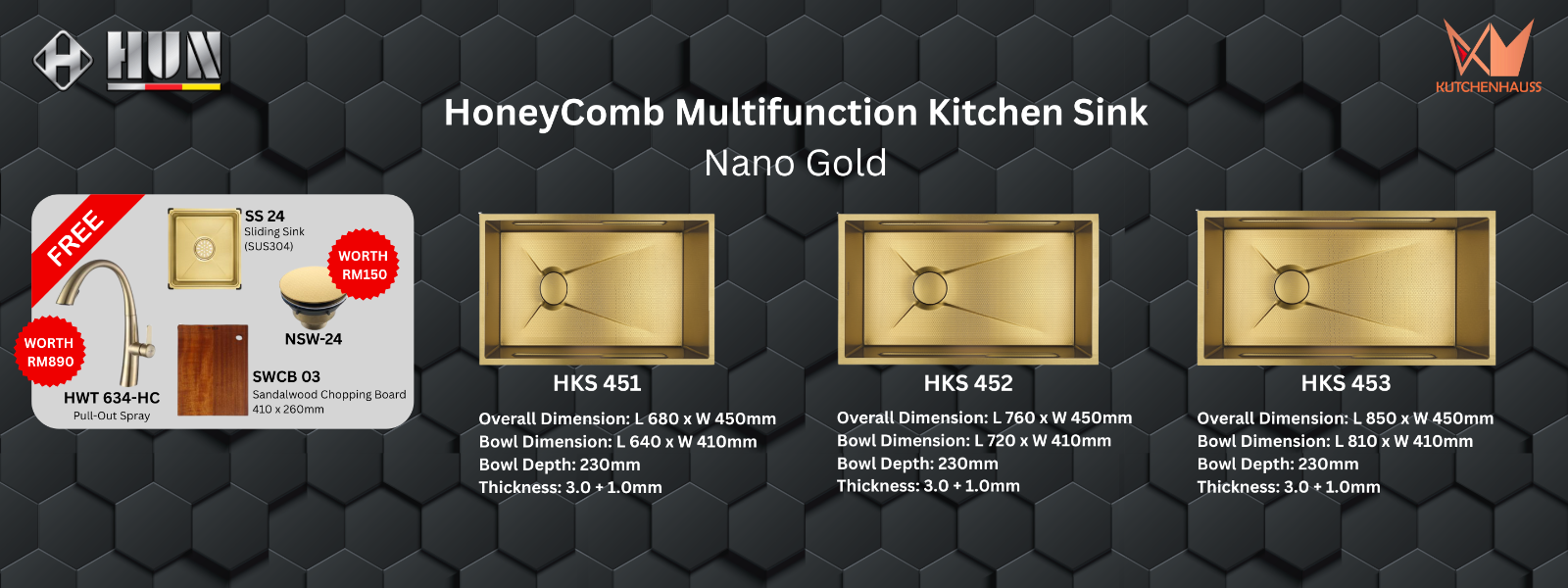 HUN - HoneyComb Multifunctional Kitchen Sink Single Bowl Package (Nano Gold) | HKS 451, HKS 452, HKS 453