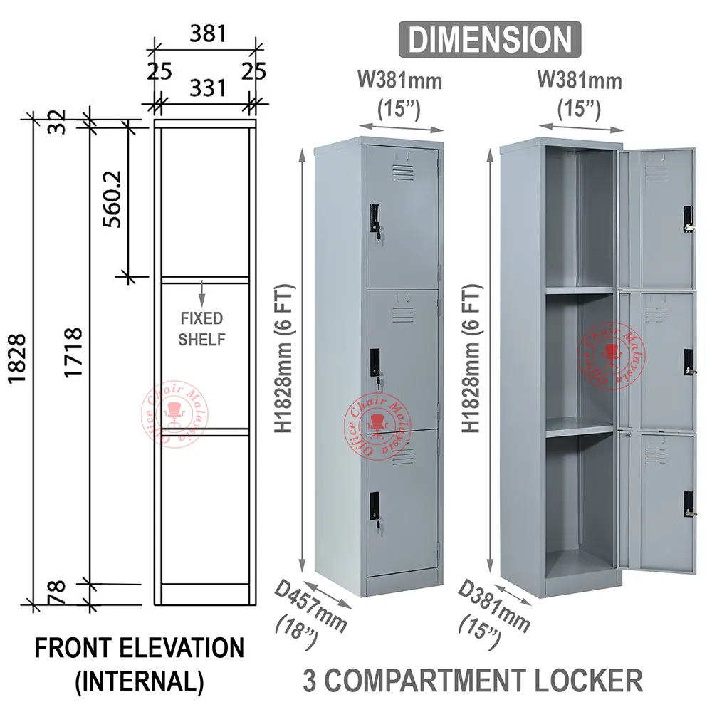 3 Compartment Steel Locker | Metal Locker | Locker Besi | Loker (with Handle Cam Lock)