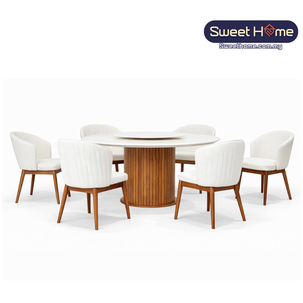 HELGA Round Marble Dining Table Set – Natural Coated Marble Stone Top with Solid Rubber Wood Base (6 / 8 Seater)