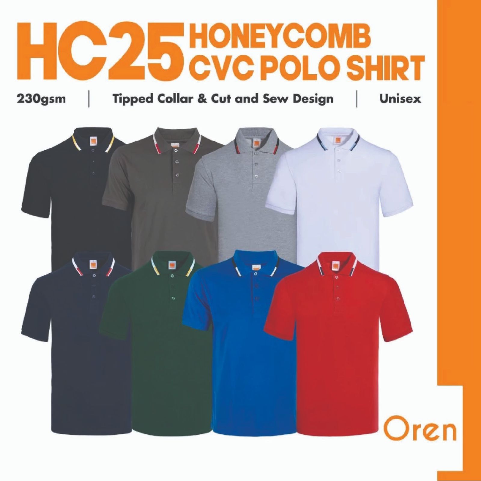 Oren Sport Unisex New Polo Tee - White Navy Black Red Forest Green Ash Grey HC25