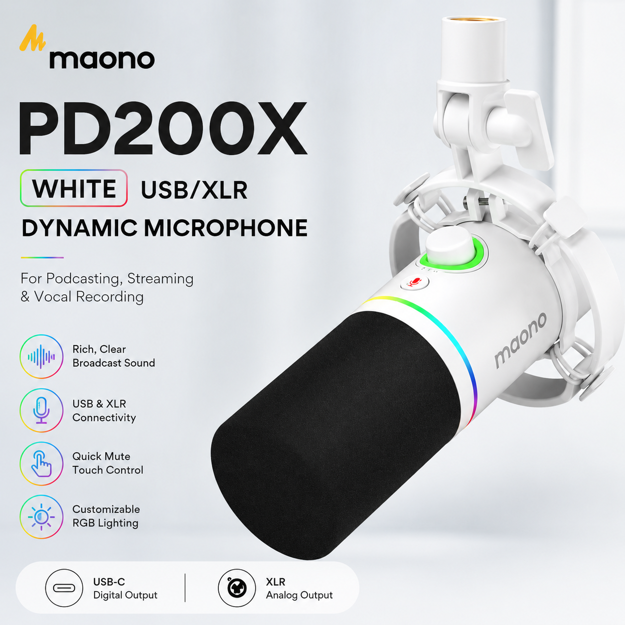 Maono PD200X – White USB/XLR Dynamic Microphone for Podcasting, Streaming & Vocal Recording