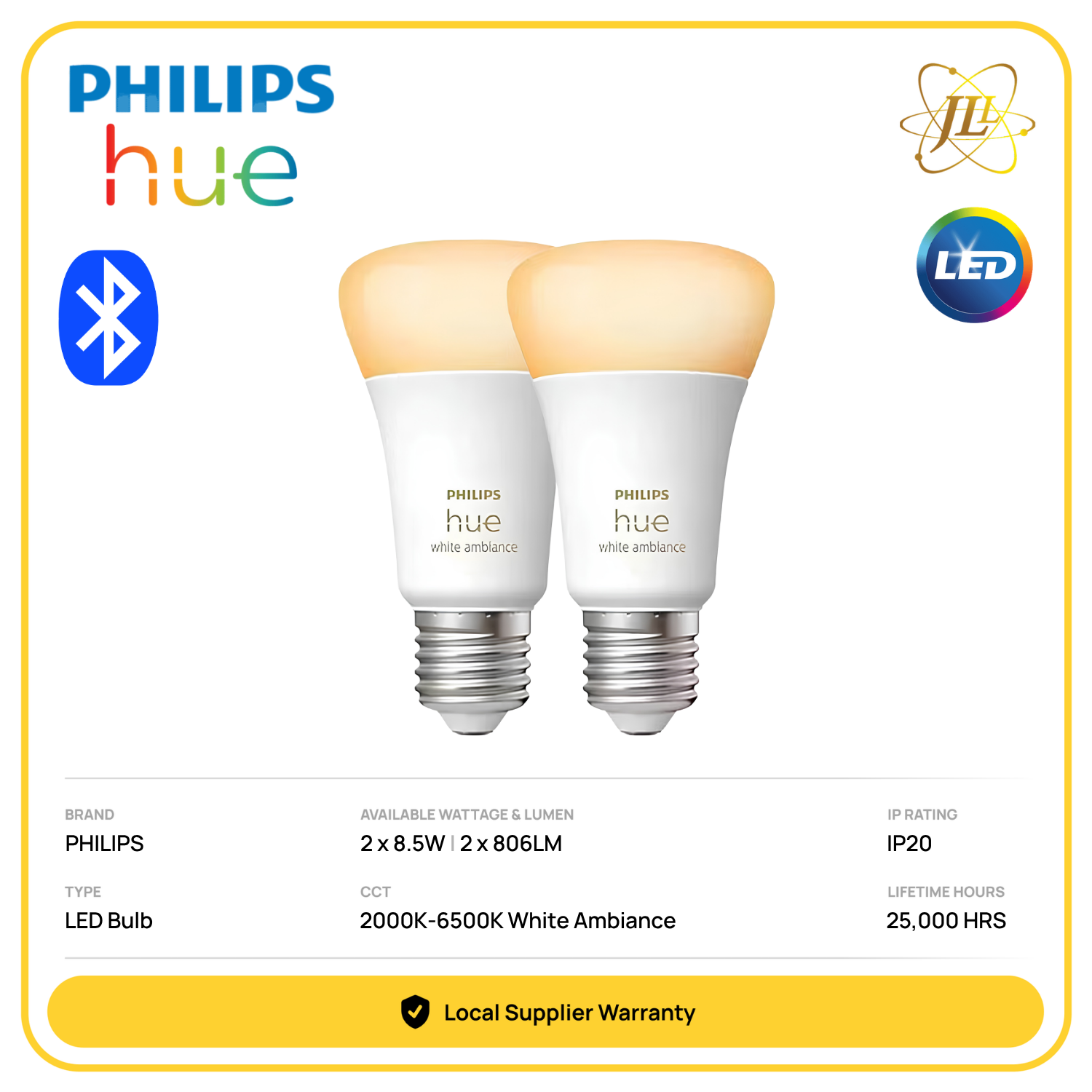 PHILIPS HUE 8.5W A60 E27 WHITE AMBIANCE DIMMABLE SMART LED HUE LIGHT BULB (TWIN PACK)