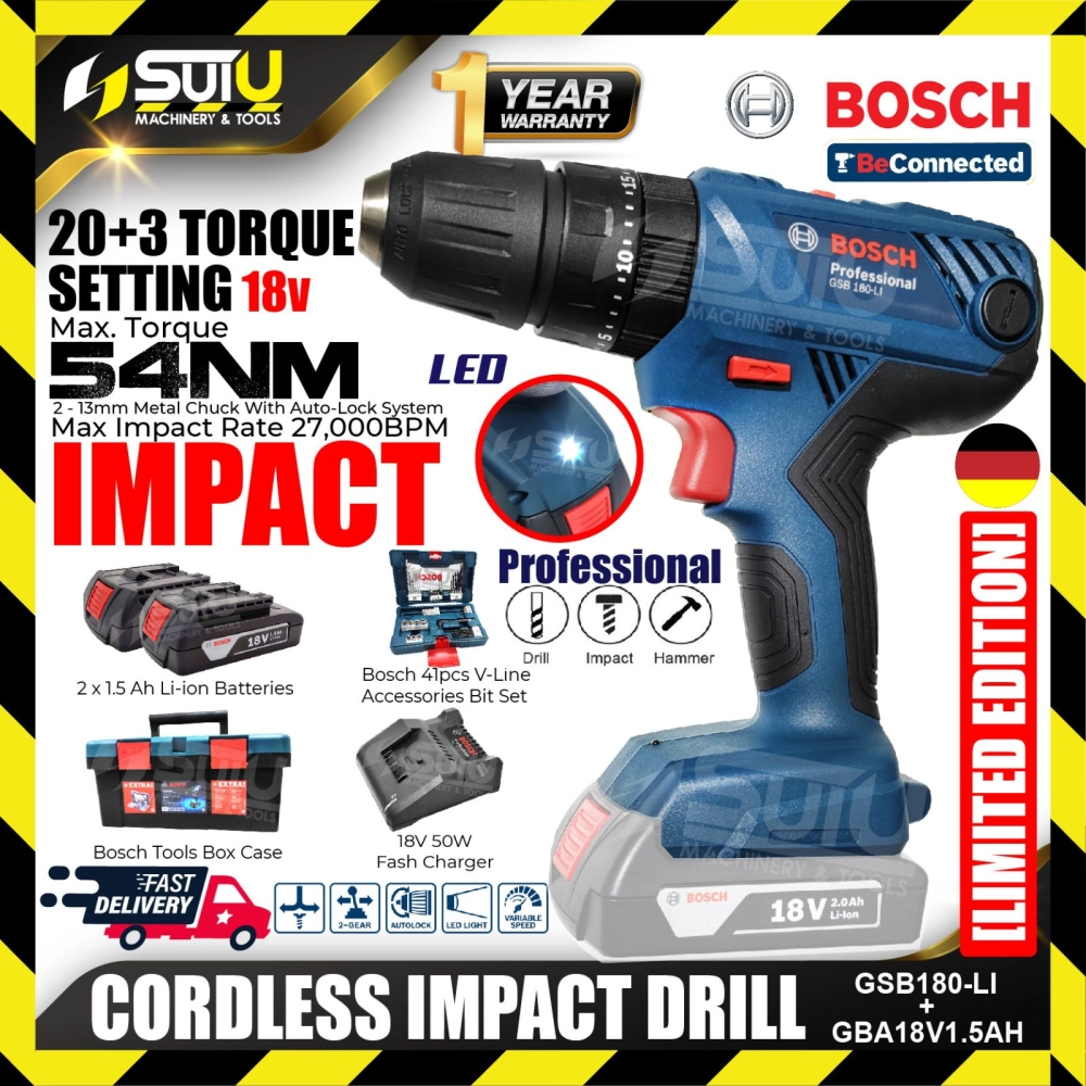 BOSCH GSB 180-LI/ GSB180Li Cordless Impact Hammer Drill Fisherman Box+ 41pcs X-Line Drill Bit Set