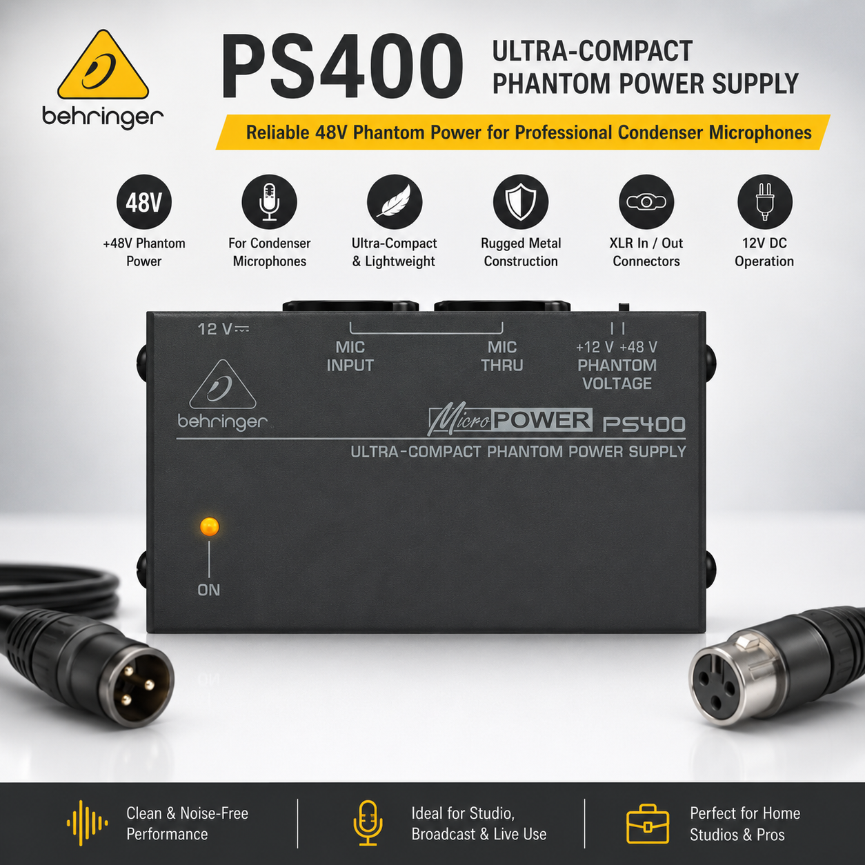 Behringer PS400 – Ultra-Compact 48V Phantom Power Supply for Condenser Microphones