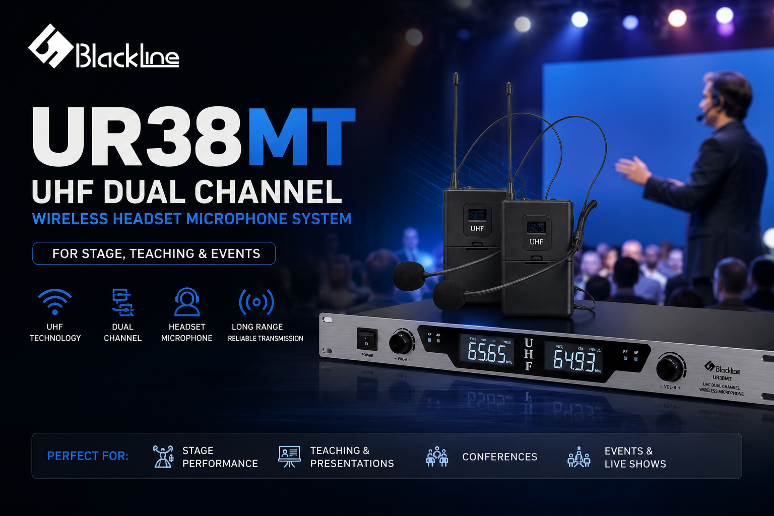 Blackline UR38MT – Sistem Mikrofon Kepala Tanpa Wayar Dwi Saluran UHF untuk Pentas, Pengajaran & Acara