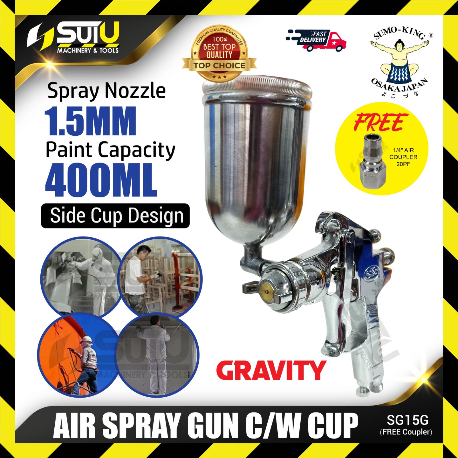 SUMO KING SG15G 1.5MM 400ML Air Spray Gun c/w Cup (Gravity) 1.5MM 400ML Air Spray Gun c/w Cup (Gravity)