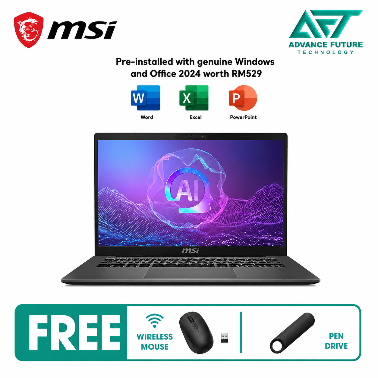 MSI Modern A14 AI+ F3HMG-025MY 14'' FHD Laptop Platinum Gray ( AMD Ryzen AI 5 330, 16GB, 512GB SSD, ATI, W11, H&S 2024&M365 )
