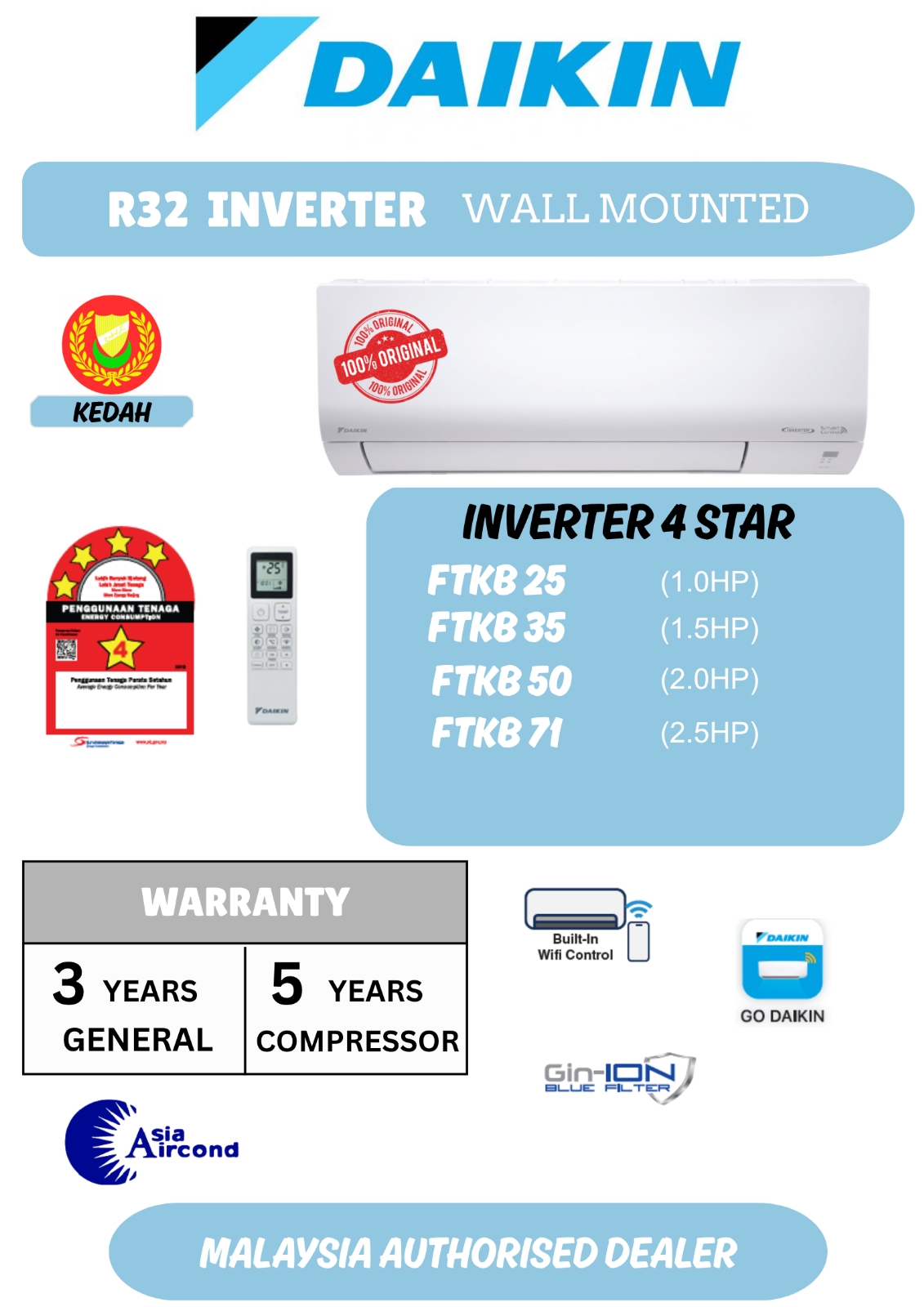 DAIKIN R32 INVERTER WALL MOUNTED AIRCOND FTKB SERIES 1.0HP - 2.5HP FTKB25 FTKB35 FTKB50 FTKB71 4-STAR ENERGY SAVING WIFI CONTROL GIN-ION