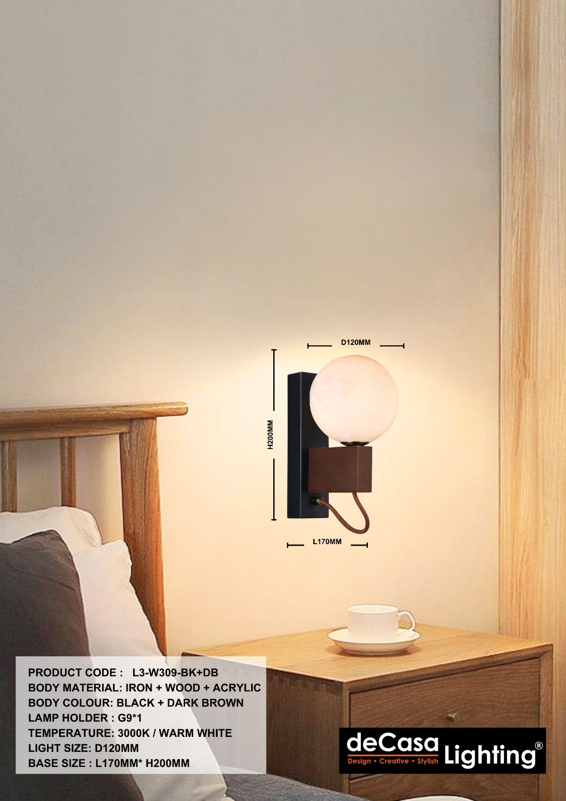 MODERN FROSTED GLASS WALL LIGHT (L3-W309-BK+DB)
