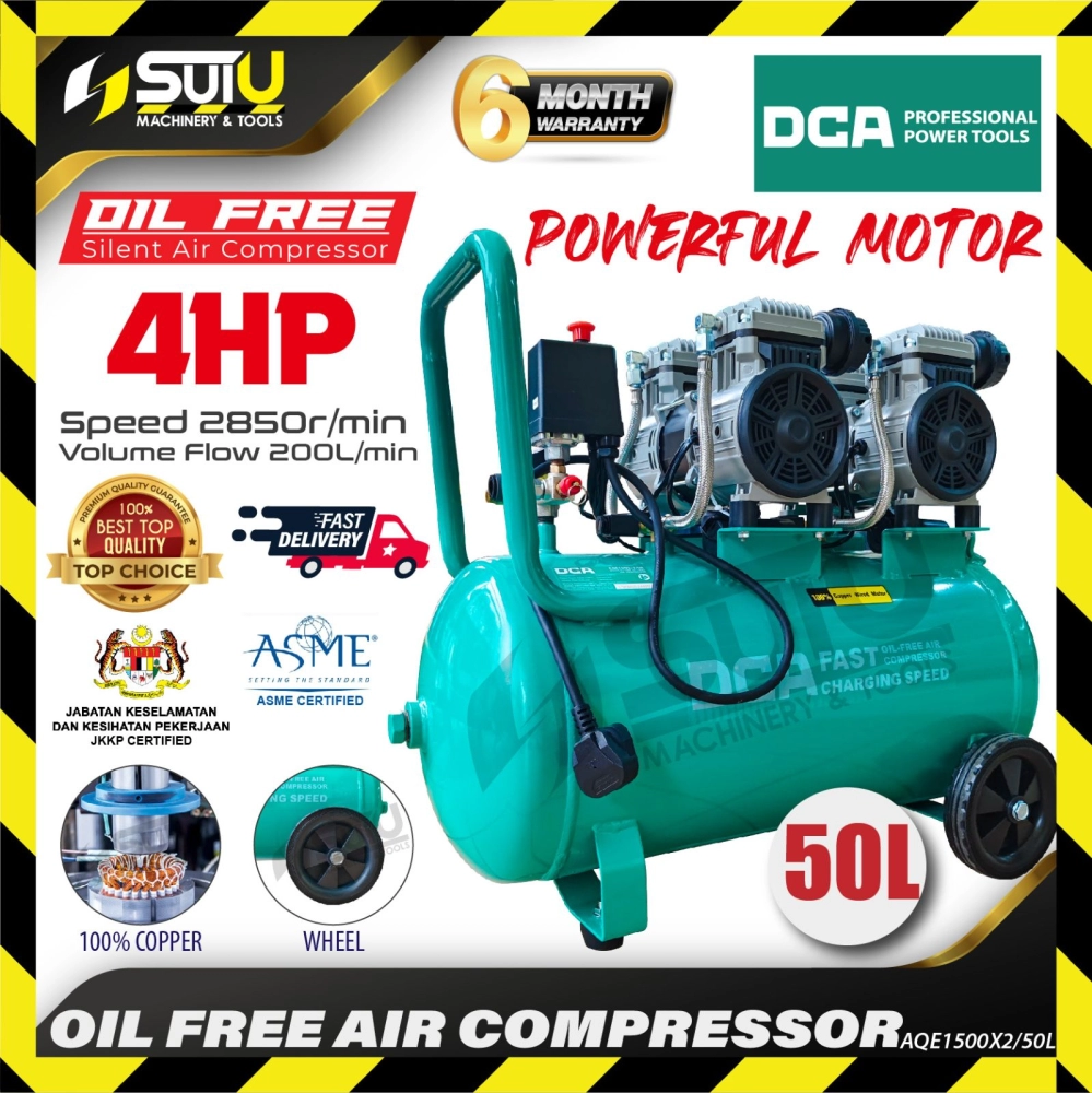 [ASME CERTIFIED] DCA AQE1500X2/50L / AQE1500X250L 50L Oilless / Oil free Air Compressor / Kompressor 3kW