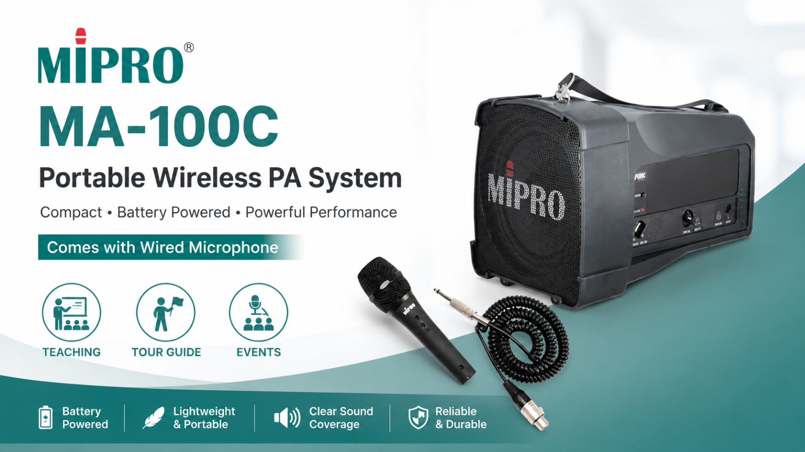 MIPRO MA-100C Portable Wireless PA System Compact Battery Powered Speaker with Microphone for Teaching, Tour Guide & Events