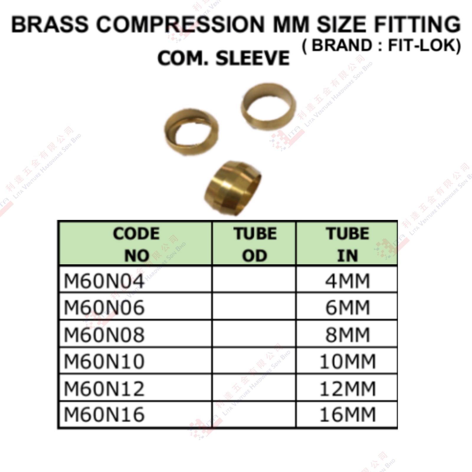 BRASS COMPRESSION MM SAIZ COM SLEEVE - M60N04 M60N06 M60N08 M60N10 M60N12 M60N16