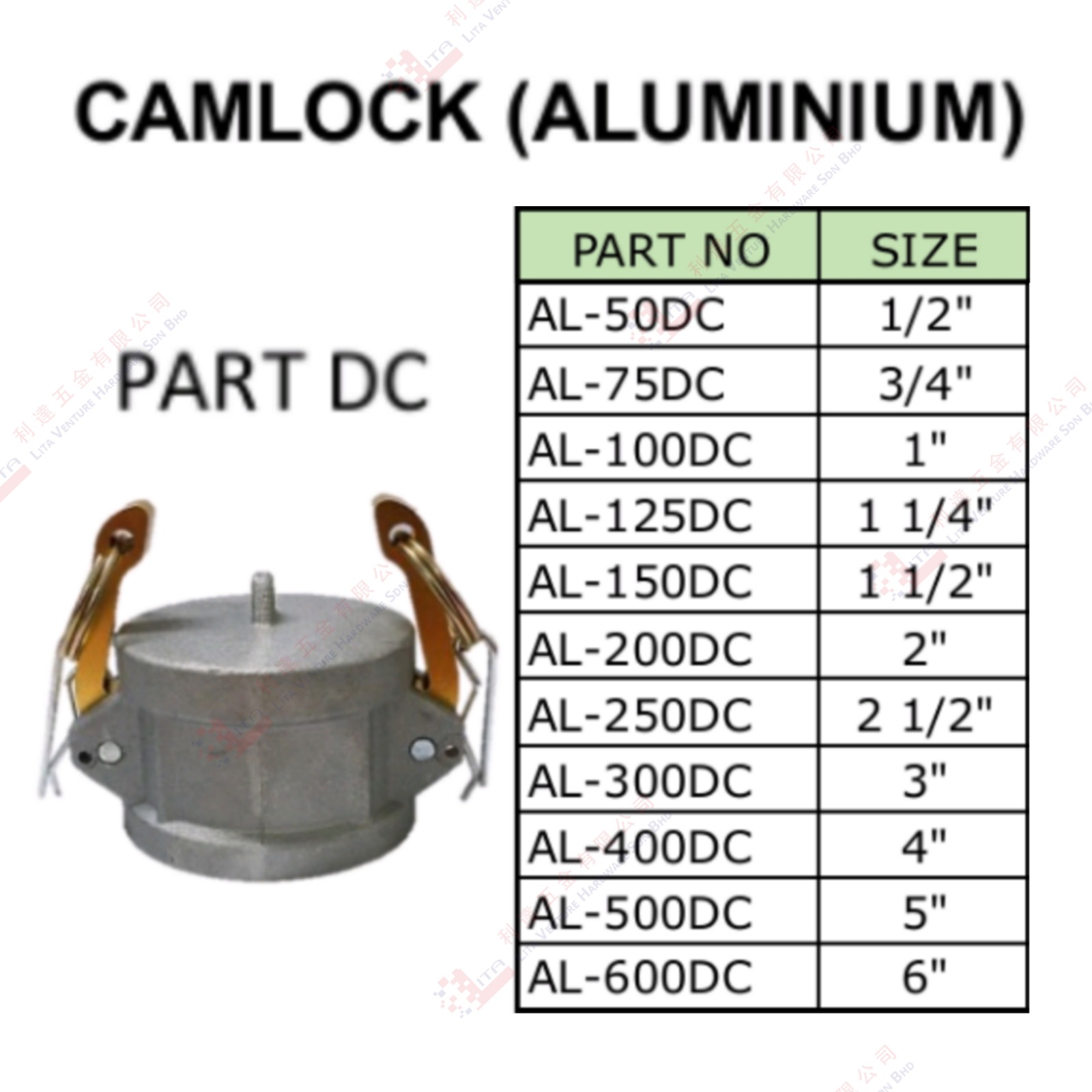 CAMLOCK ALUMINIUM - AL50DC AL75DC AL100DC AL125DC AL150DC AL200DC AL250DC AL300DC AL400DC AL500DC AL600DC