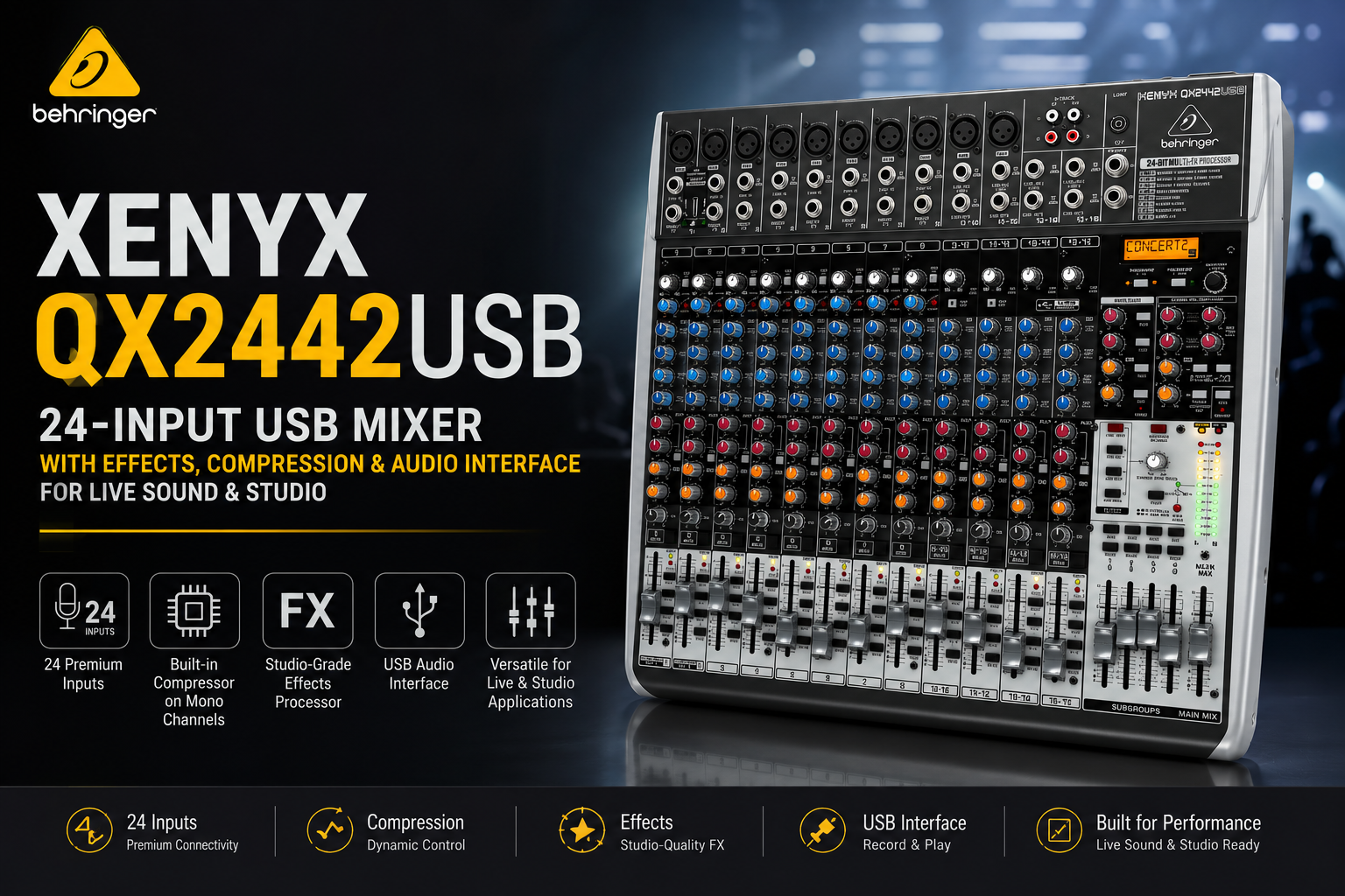 Behringer XENYX QX2442USB – Pencampur USB 24-Input dengan Kesan, Pemampat & Antaramuka Audio untuk Studio & Persembahan Langsung