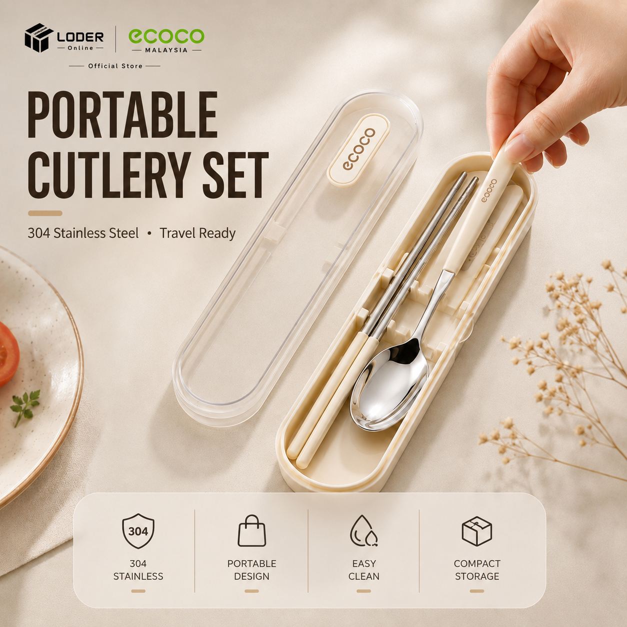 LODER ECOCO Portable Cutlery Set Stainless Steel Spoon Fork Chopsticks Travel Utensil Box