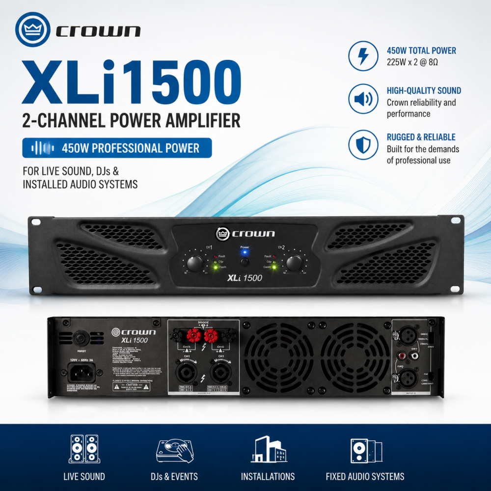 Crown XLi1500 – 2-Channel 450W Professional Power Amplifier for Live Sound, DJs & Installed Audio Systems
