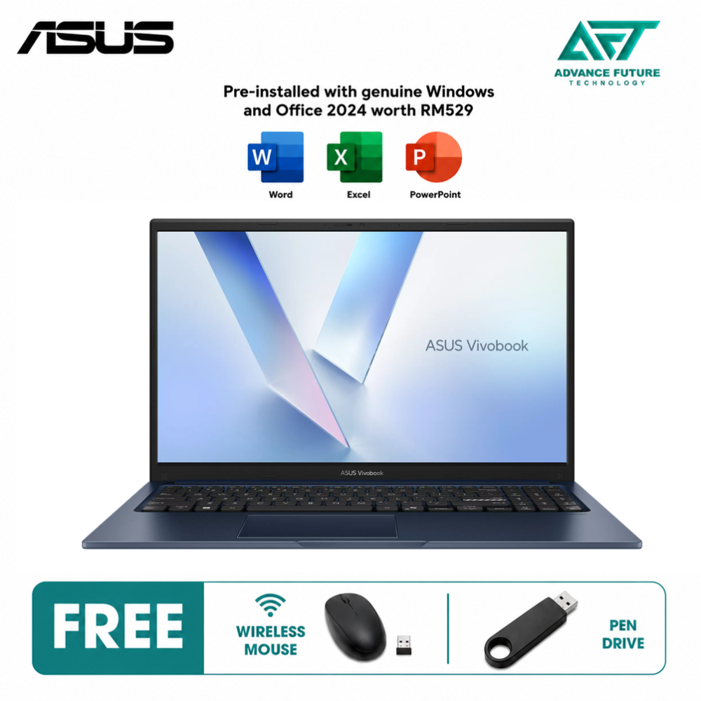 Asus VivoBook 15 A1504V-ABQ268WS 15.6" FHD Laptop Quiet Blue ( Intel Core 5 120U, 16GB, 512GB SSD, Intel, W11, H&S 2024&M365 )