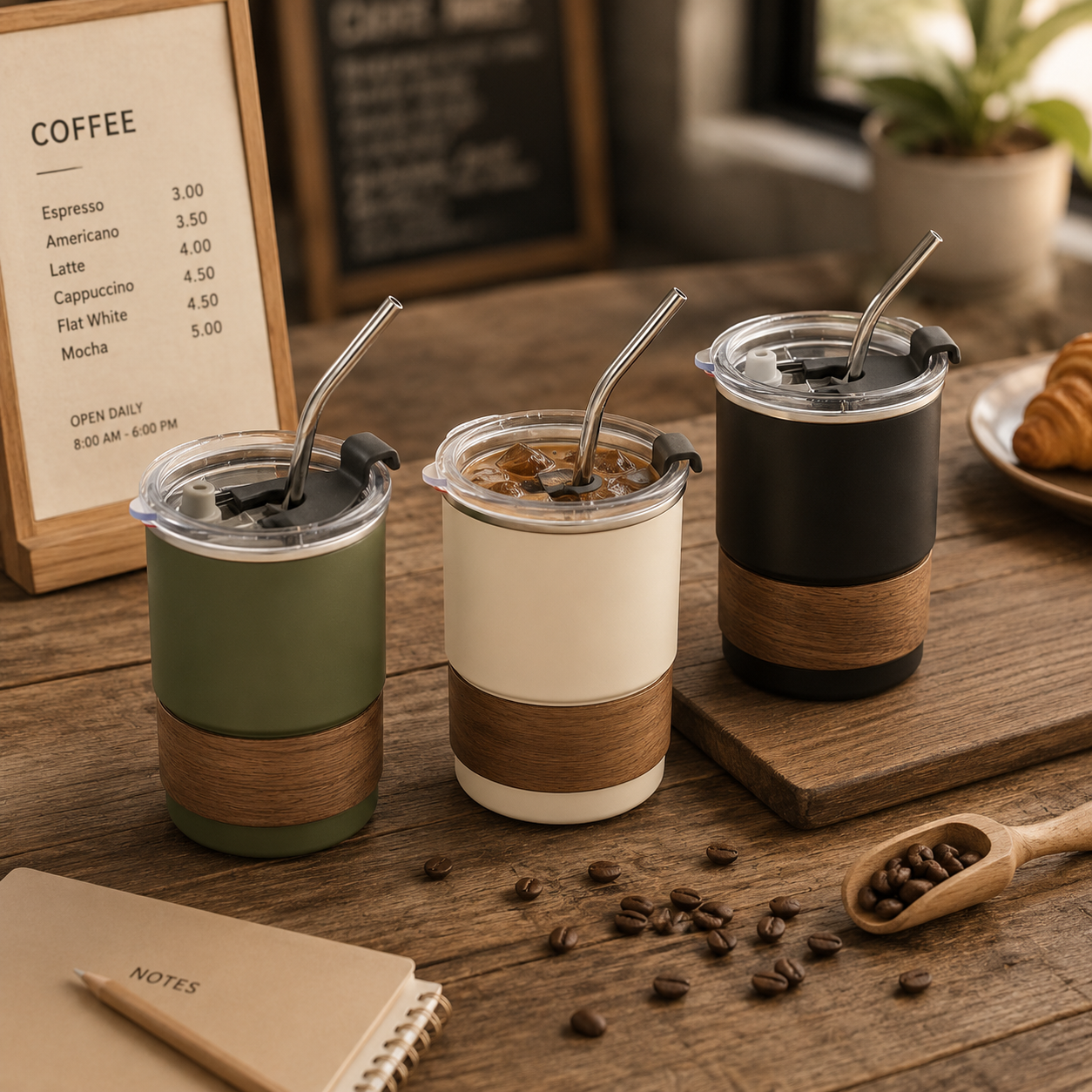 Premium Wood-Grain Coffee Tumbler with Stainless Steel Straw