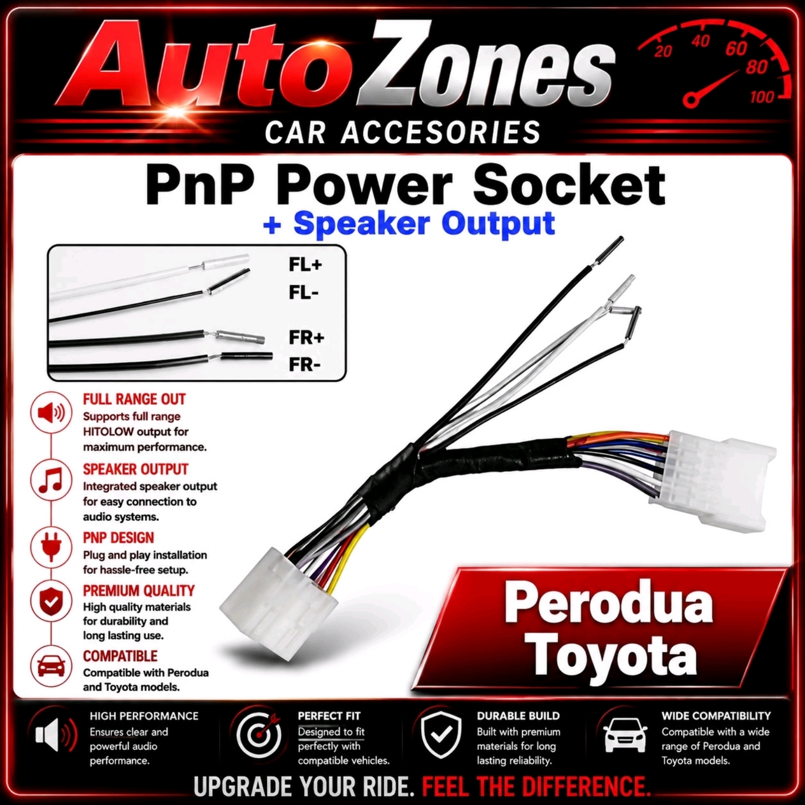 Toyota Perodua Plug & Play Speaker Output Socket | OEM Audio Wiring Harness Adapter | Hi-To-Low Converter Socket | Full Range Speaker Connector | No Wire Cutting PNP Installation