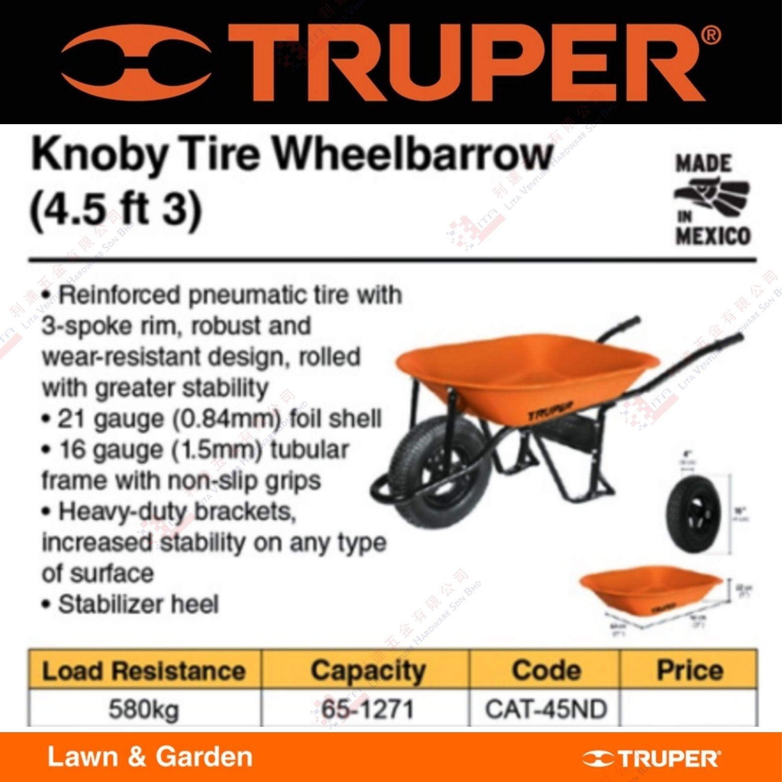 TRUPER BRAND KNOBY TIRE WHEELBARROW - CAT45ND