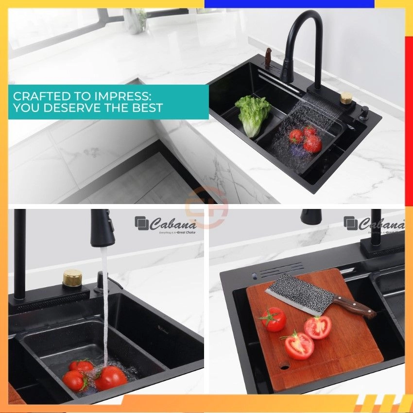 (OUT OF STOCK) SUS304 Stainless Steel Nano Honeycomb Sink Single Bowl Multifunction Workstation Matt Black Kitchen Sink Sinki 75CMx46CM