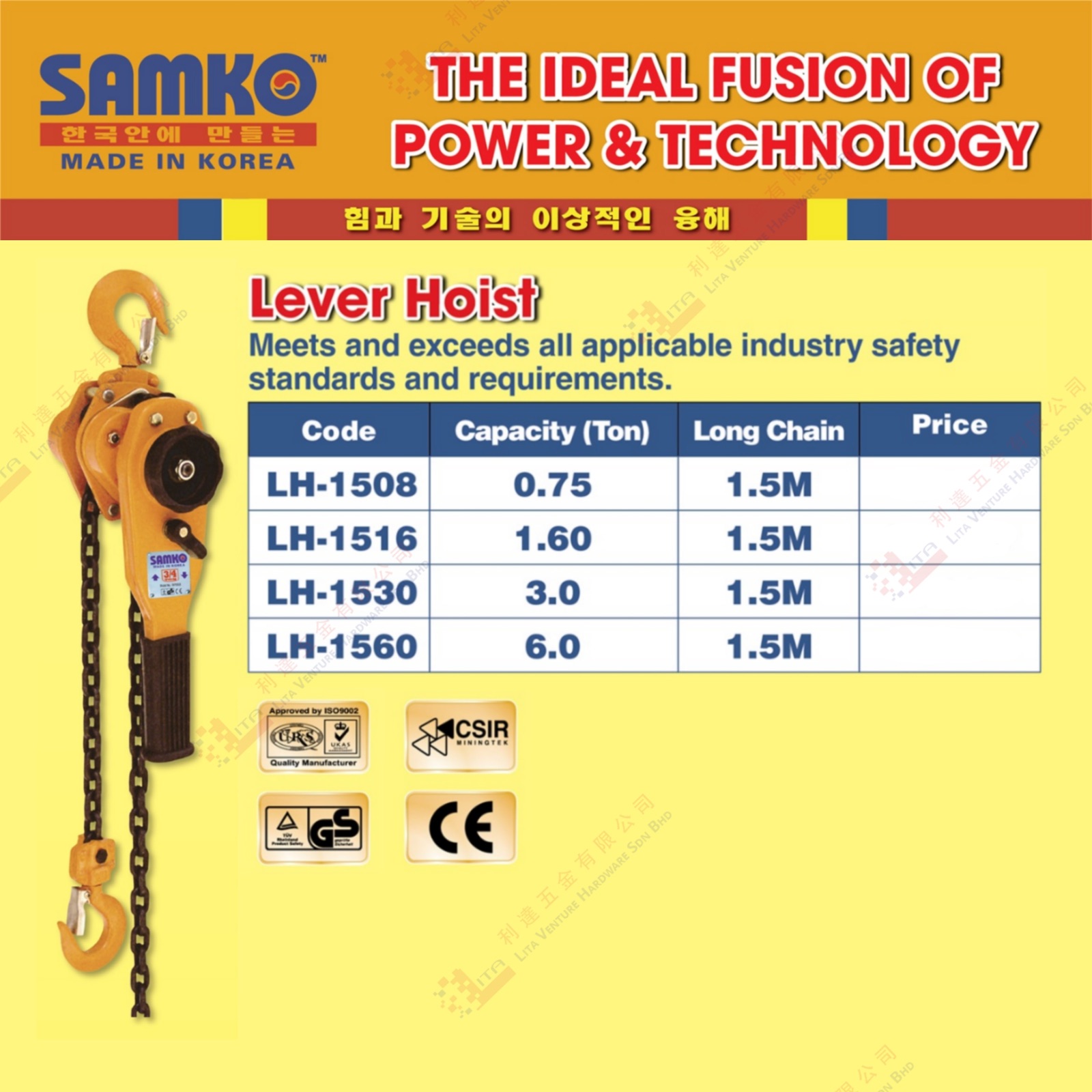 SAMKO BRAND LEVER HOIST - LH1508 LH1516 LH1530 LH1560