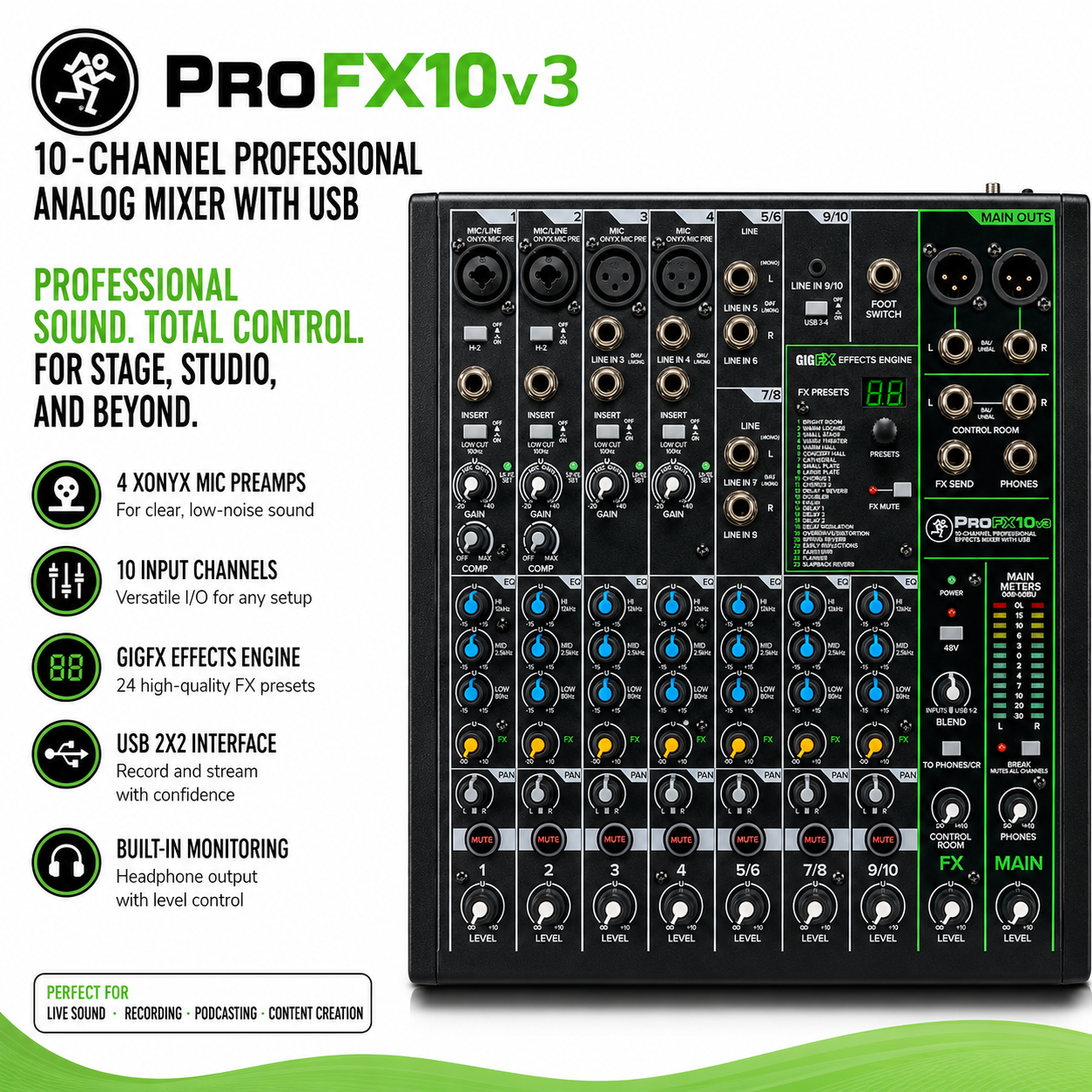 Mackie ProFX10v3 Pengadun Analog Profesional USB 10 Saluran