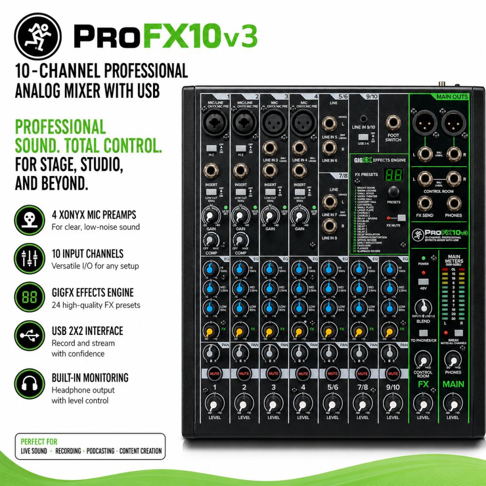 Mackie ProFX10v3 10-Channel Professional Analog Mixer with USB