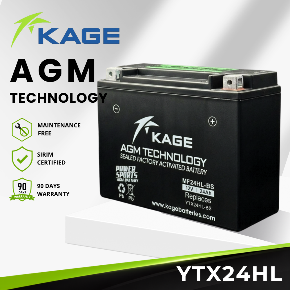 YTX24HL-BS KAGE - Bateri Honda GL1500 Goldwing–1500cc(1988-2000)/Harley Davidson FL/FLH Series(Touring)1340cc(1995-1996)/BRP–Can-Am RS – 998cc(2008-2016)/Kawasaki VN1500-C Vulcan L–1500cc(1996-1997)