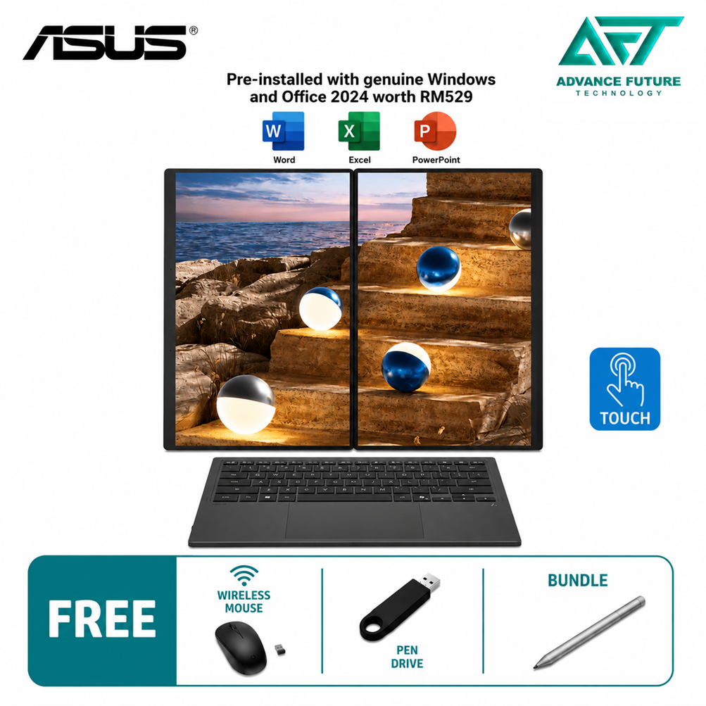 Asus Zenbook Duo UX8407A-ASN358WS 14" 3K OLED Touch Laptop Moher Gray ( Intel Core Ultra X7 358H, 32GB, 1TB SSD, Intel, W11, H&S 2024&M365 )