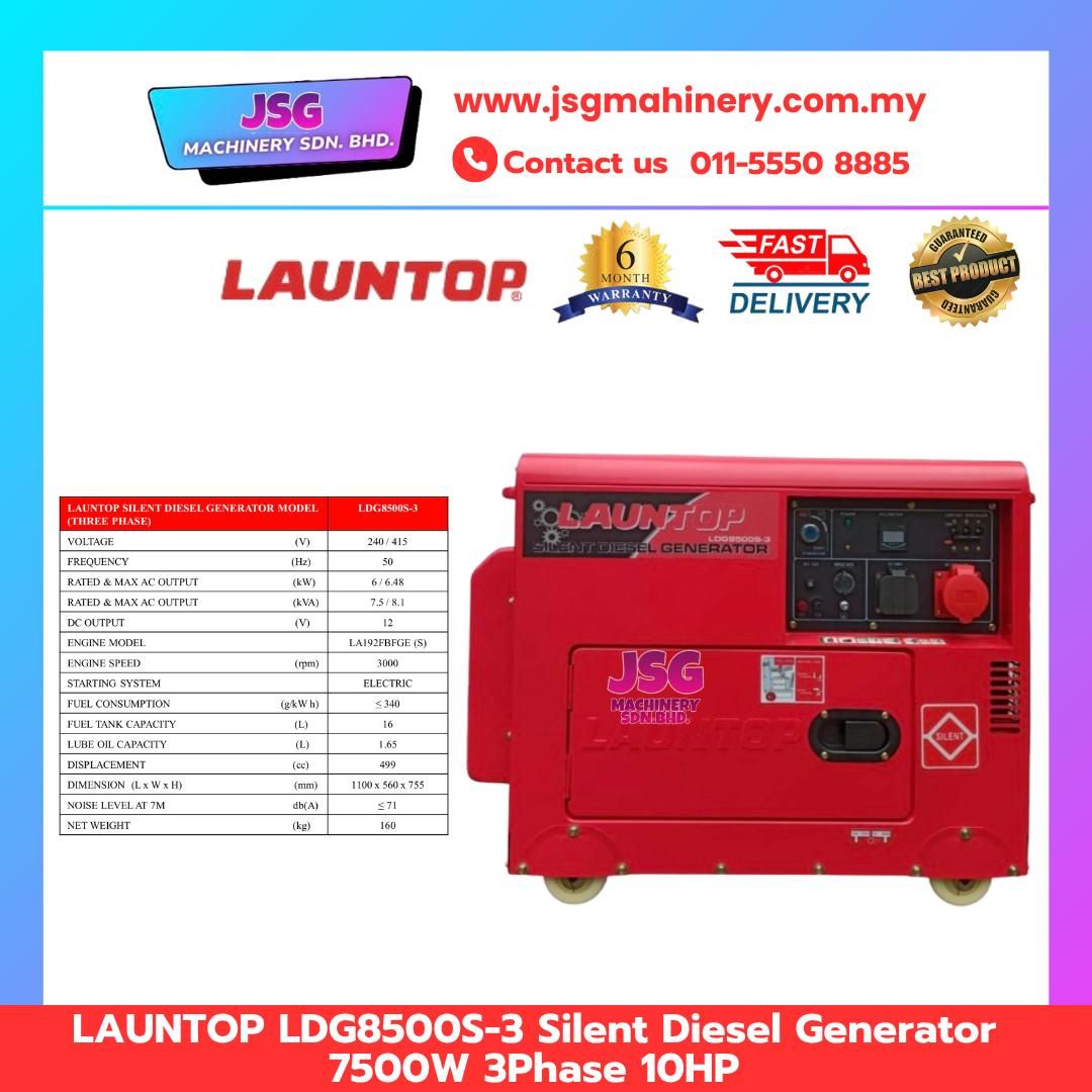 LAUNTOP LDG8500S-3 Silent Diesel Generator 7500W 3 Phase 10HP Engine 16L Fuel Tank