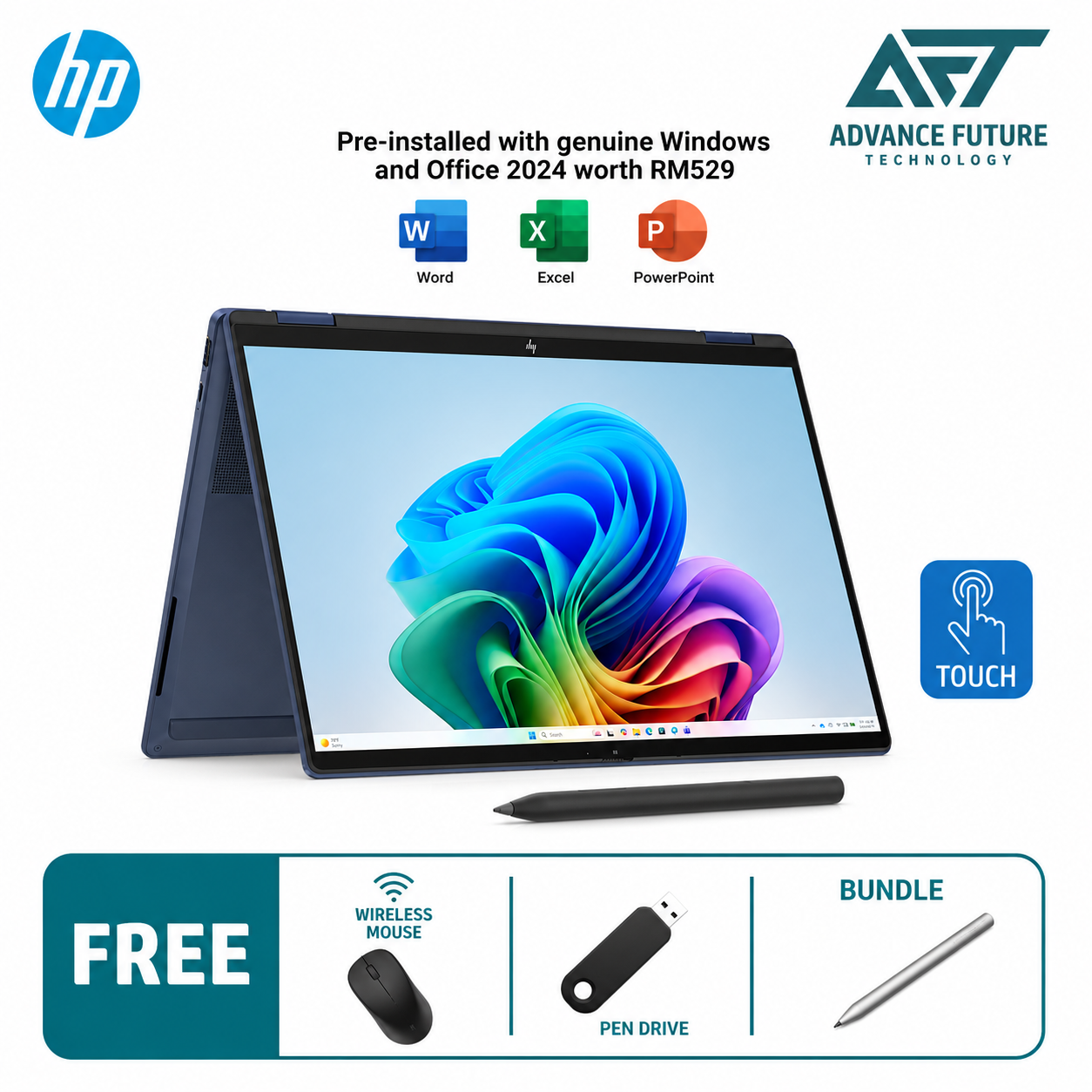 HP OmniBook X Flip 14-fb0028TU 14'' 2K AI Touch 2-In-1 Laptop Atmospheric Blue ( Intel Core Ultra 5 325 ,16GB, 512GB SSD, Intel, W11, H&S 2024&M365 )