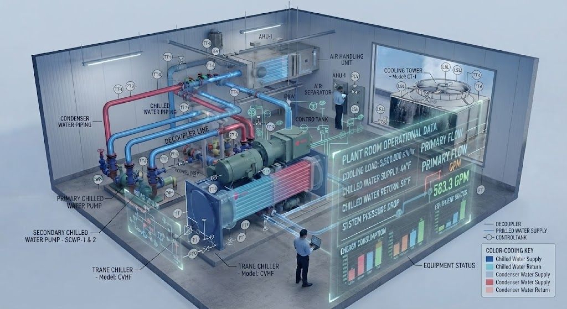 Water-cooled chiller P&ID (Piping and Instrumentation Diagram) design