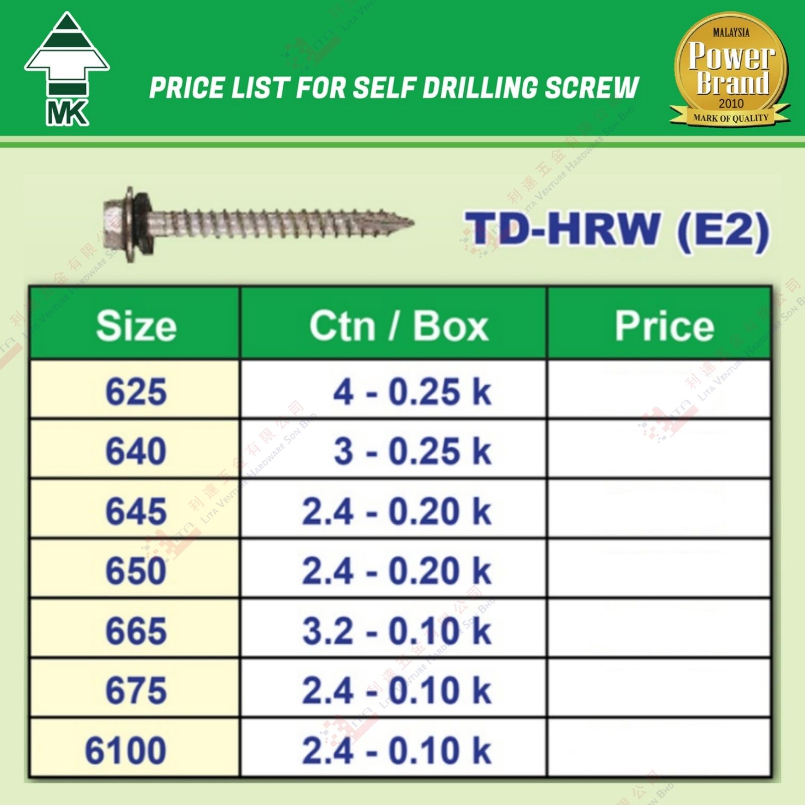 MK BRAND SELF DRILLING SCREW - TDHRWE2
