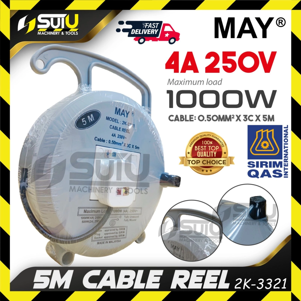 MAY 2K-3321 5M Portable Cable Reel with 1 Gang Switch Socket