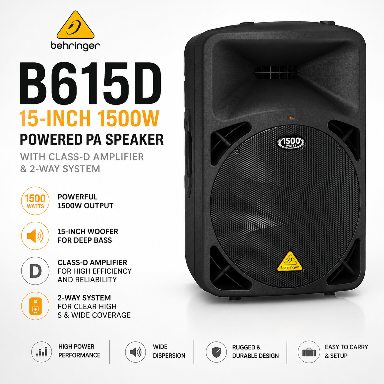Behringer B615D – 15-Inch 1500W Powered PA Speaker with Class-D Amplifier & 2-Way System