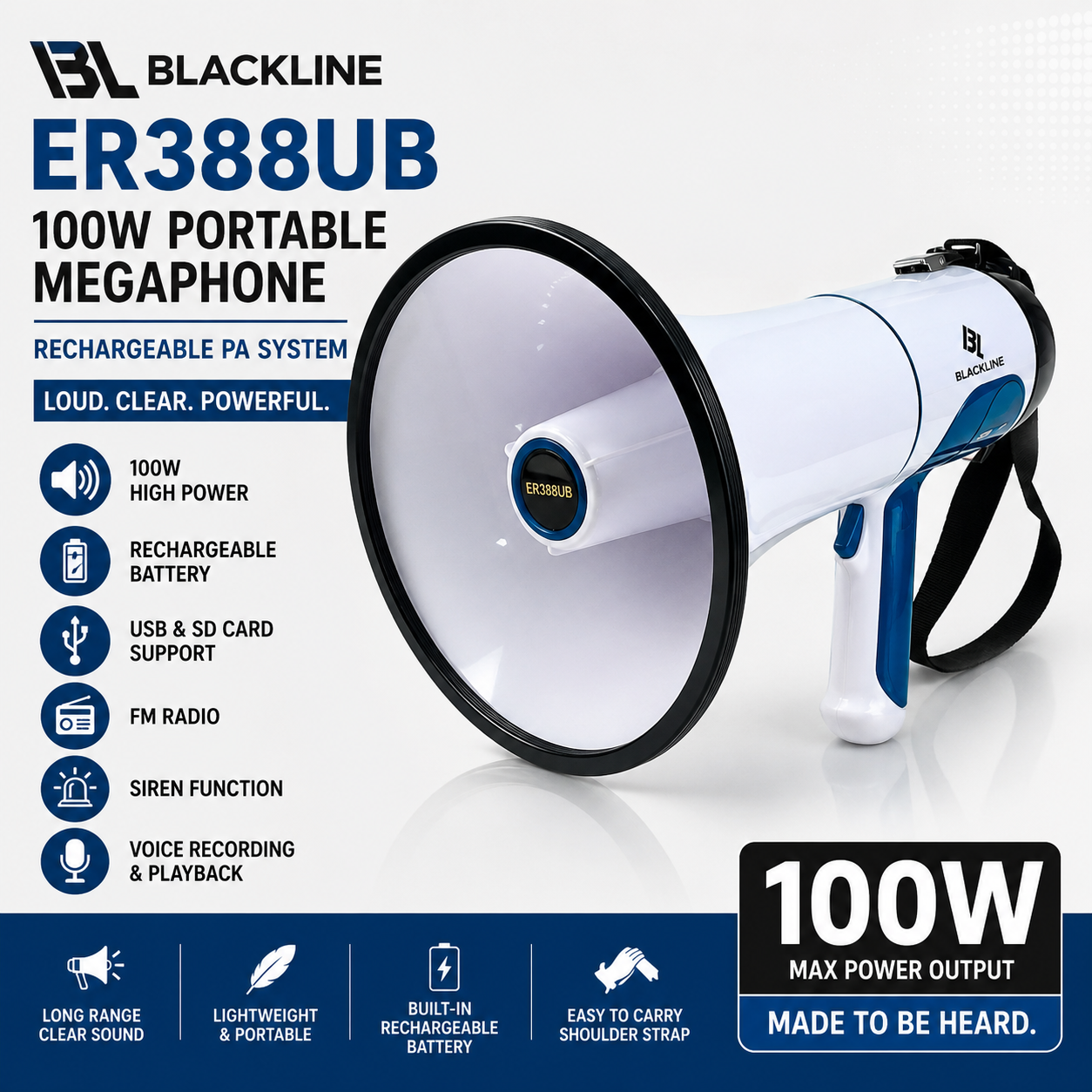 BLACKLINE ER388UB 100W Portable Megaphone – Rechargeable PA System with USB, SD, FM, Siren & Recording