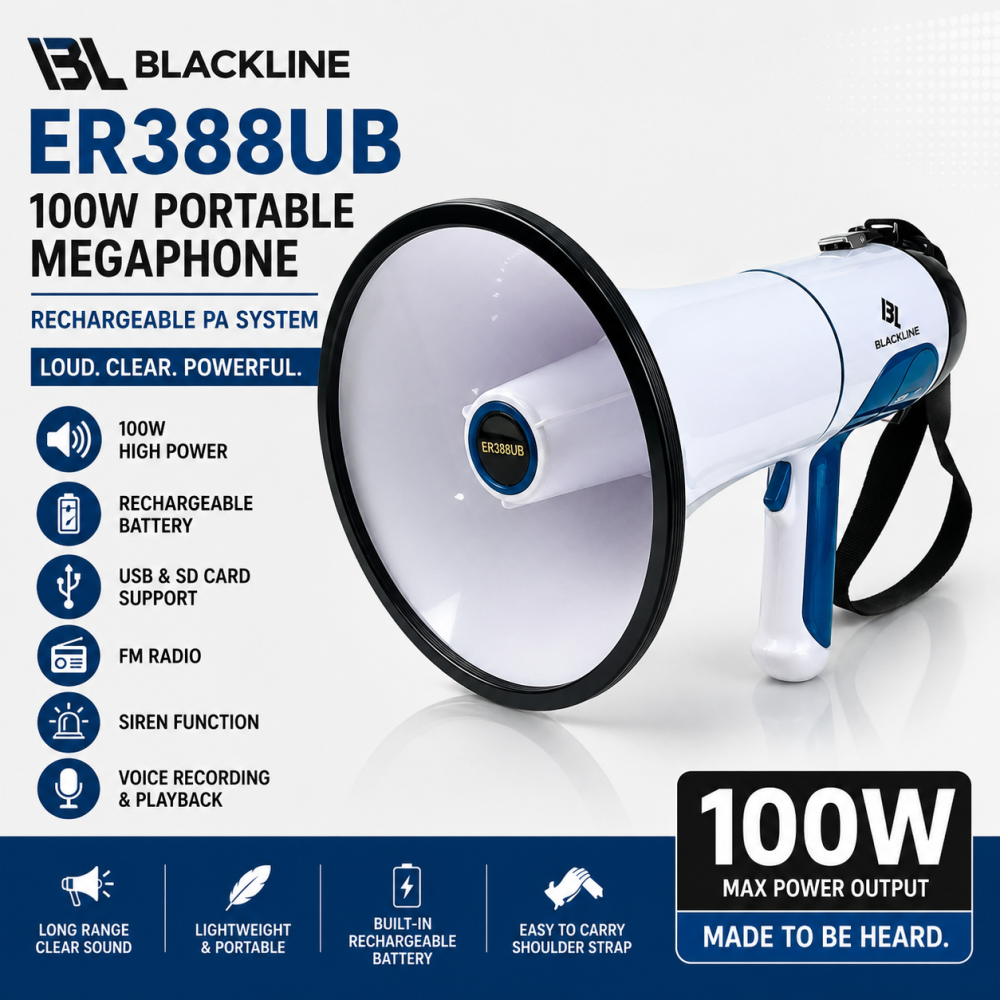 BLACKLINE ER388UB 100W Portable Megaphone – Rechargeable PA System with USB, SD, FM, Siren & Recording