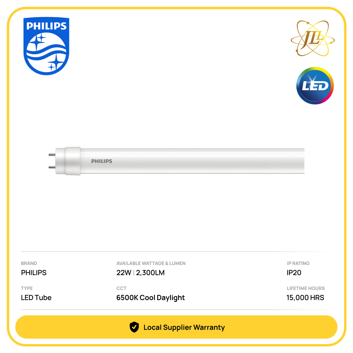 PHILIPS ECOFIT T8 LED TUBE 22W 2300LM 6500K 1200MM 15,000HRS CRI80 (8720169336780)