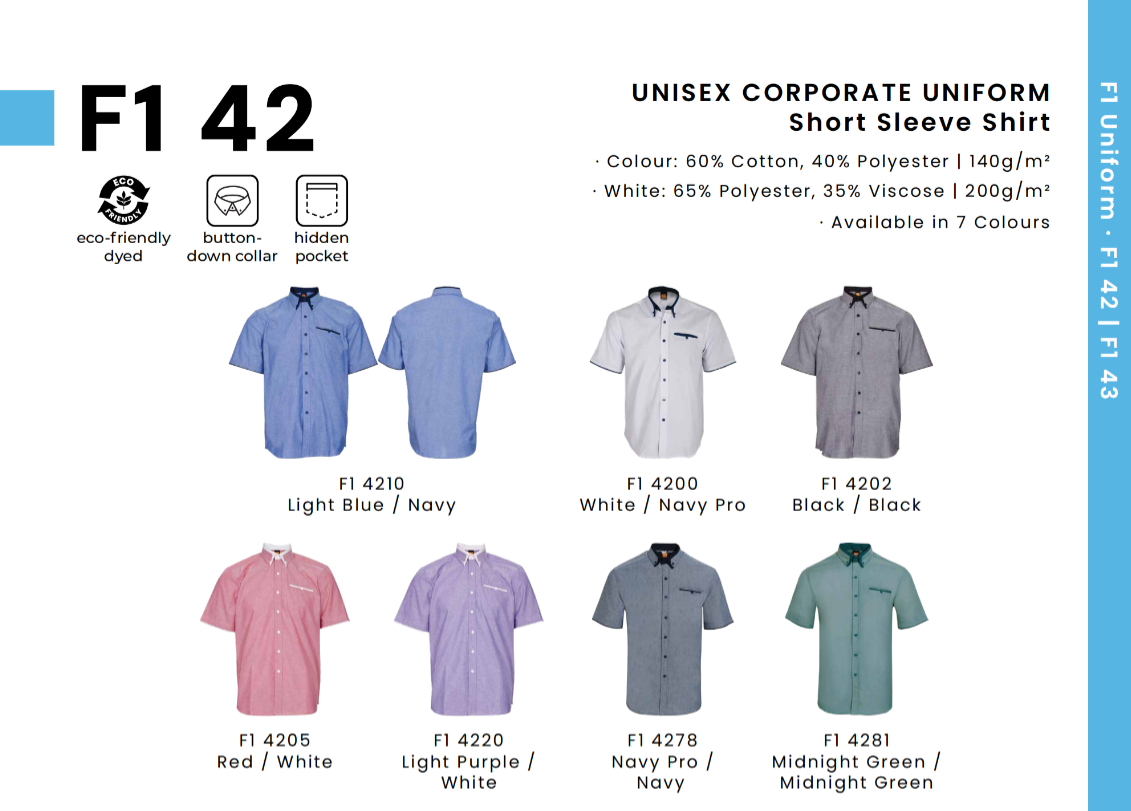 F1 42 Unisex Corporate Uniform Short Sleeve Shirt | Cotton Blend Business Uniform with Hidden Pocket