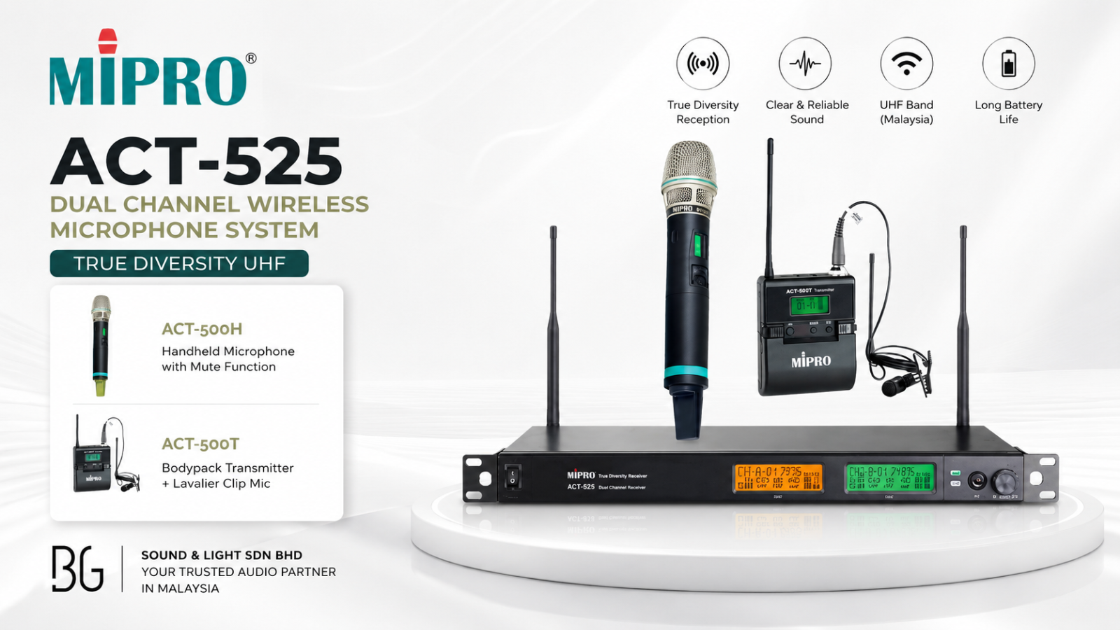 MIPRO ACT-525 Sistem Mikrofon Tanpa Wayar Dual Channel + Handheld + Clip Mic (ACT-500H + ACT-500T) UHF Malaysia