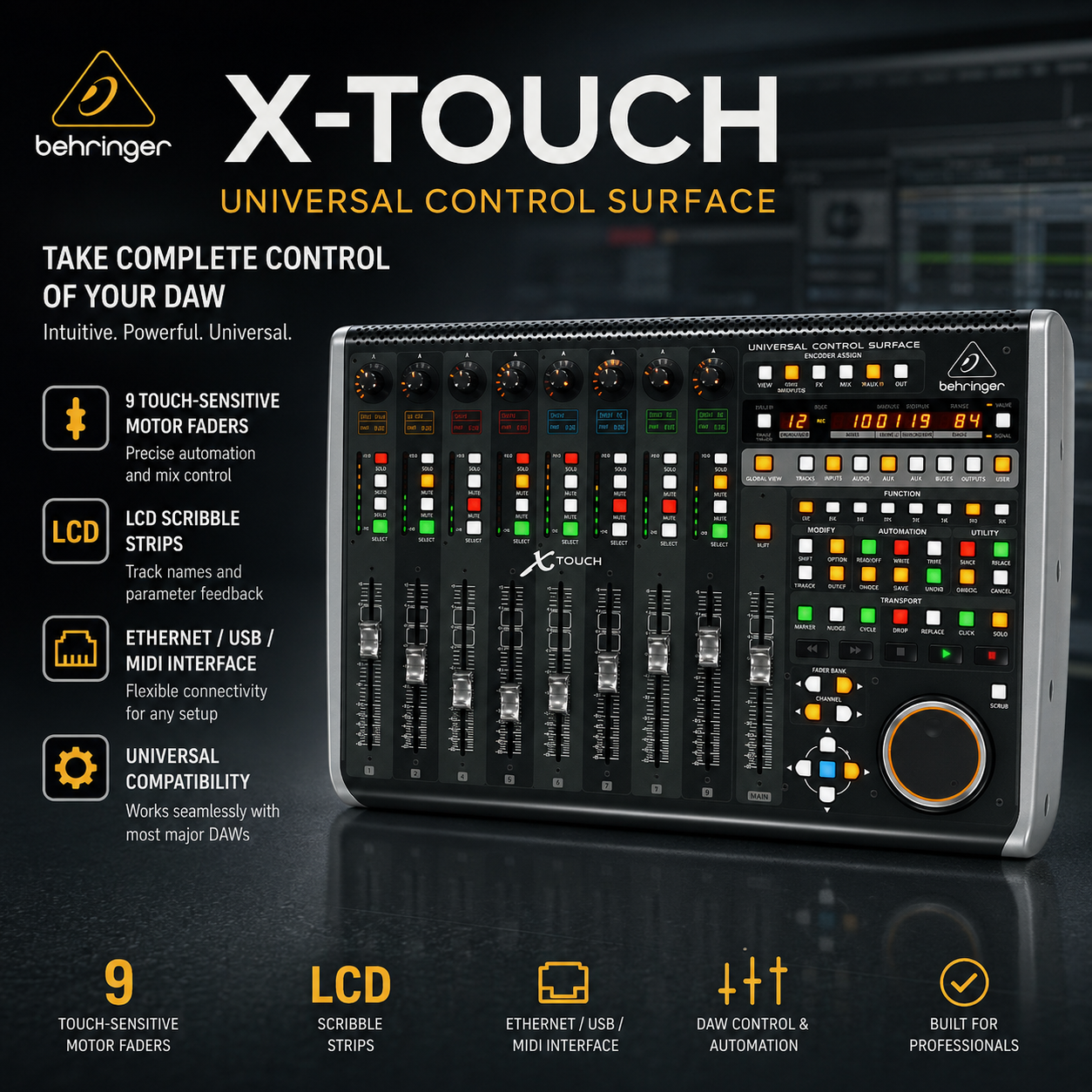 Behringer X-TOUCH – 通用控制界面，配备9个触感电动推子、LCD标签显示及以太网/USB/MIDI接口