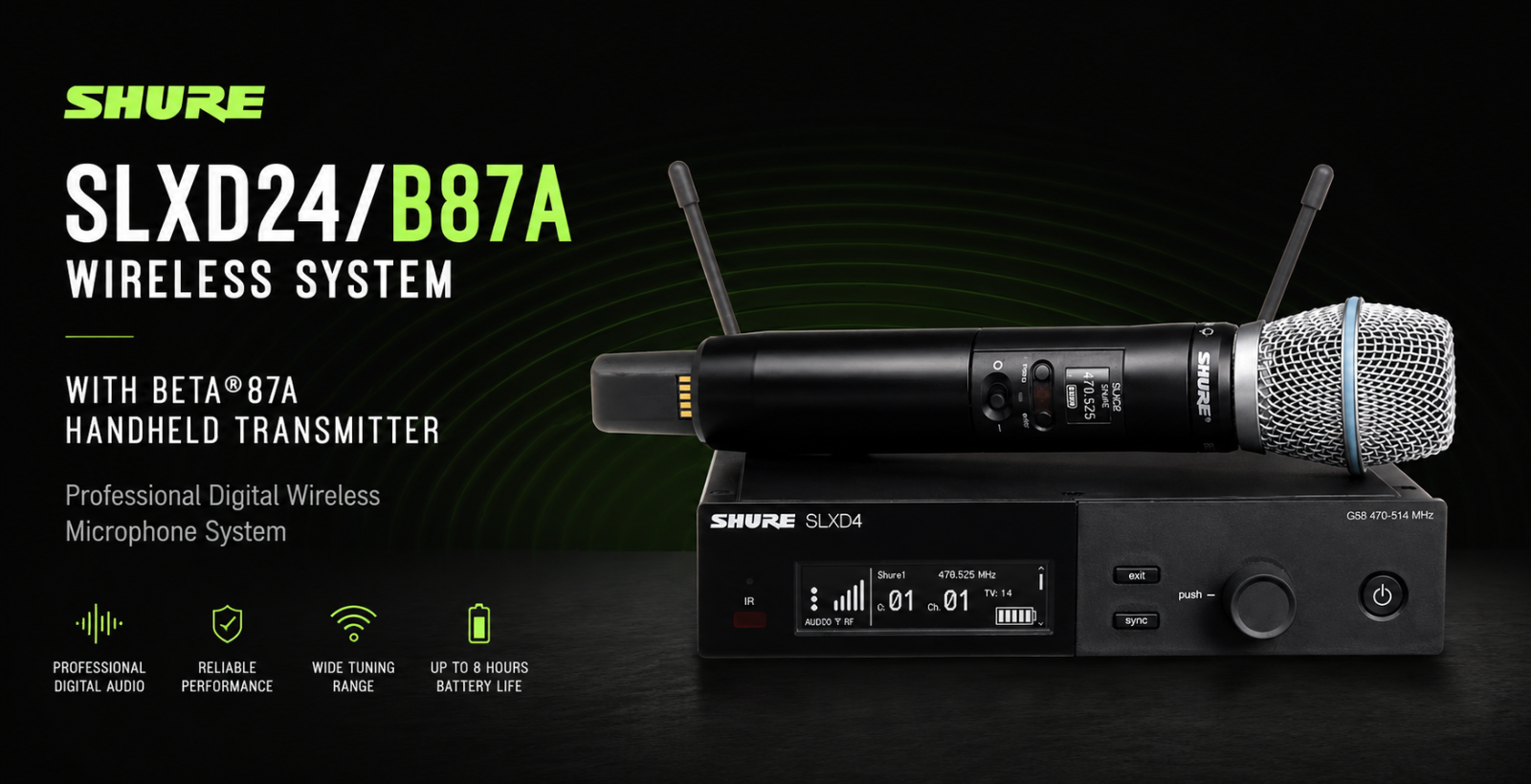 Shure SLXD24/B87A Sistem Tanpa Wayar dengan Pemancar Mikrofon Tangan Beta®87A – Sistem Mikrofon Digital Profesional