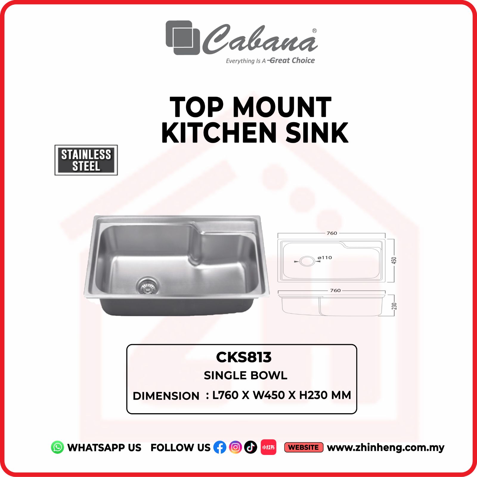 CABANA TOP MOUNT KITCHEN SINK SINGLE BOWL CKS813