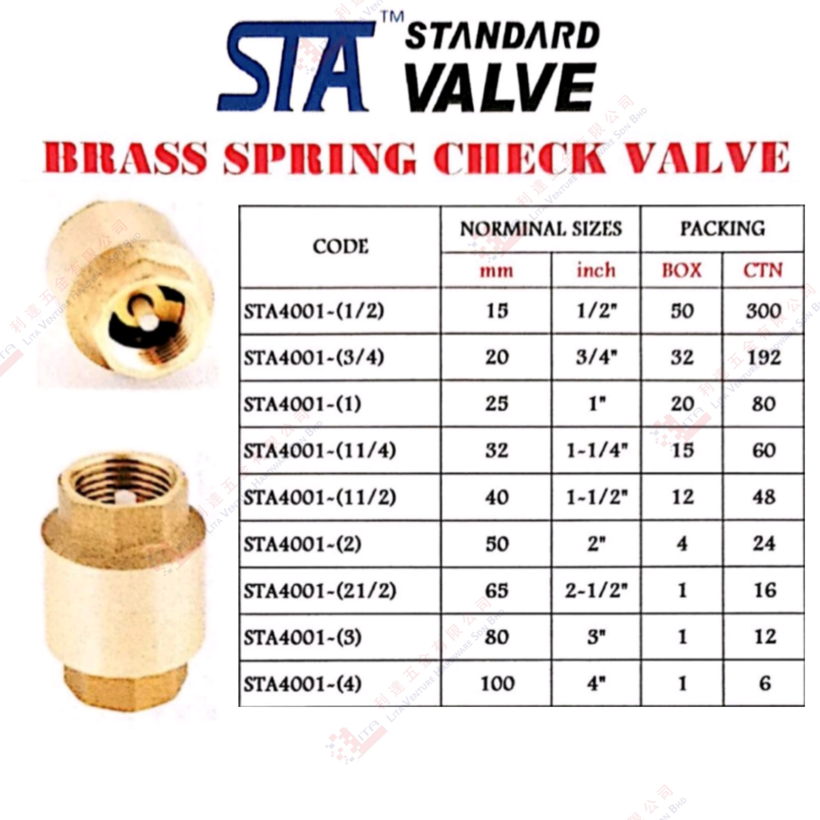 STA BRAND  BRASS SPRING CHECK VALVE - STA400112 STA400134 STA40011 STA4001114 STA4001112 STA40012 STA4001212 STA40013 STA40014