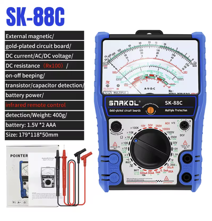 SNAKOL SK88C Professional Analog Multimeter with Protective Coating, DC Current 10A, Voltage Tester 2500V, Multi-Resistance Meter