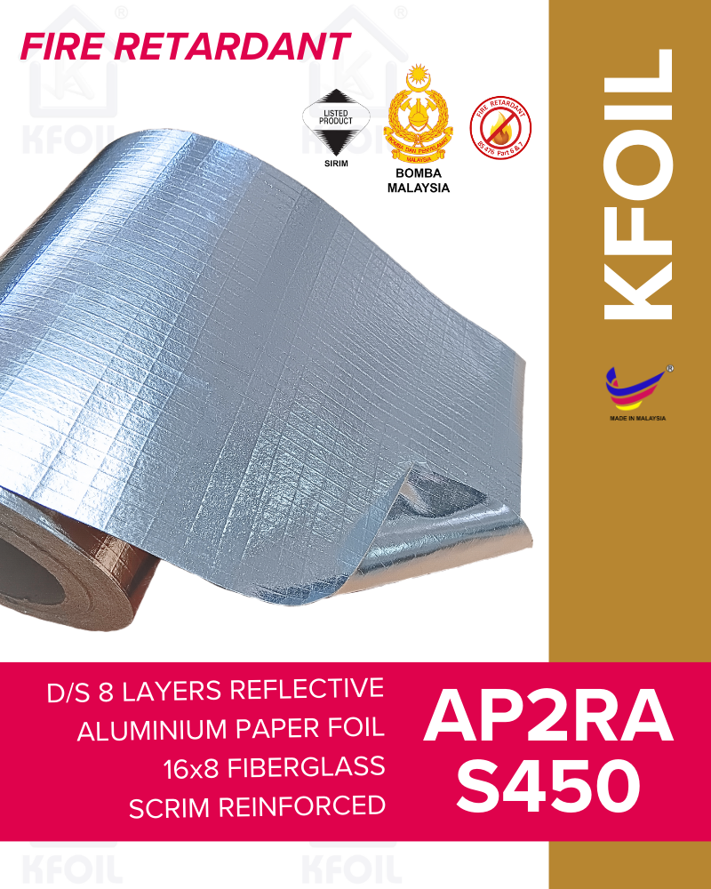 (AP2RA S450) Fire Retardant D/S 8 Layers Reflective Aluminium Paper Foil,16x8 Fiberglass Scrim Reinforced (W1.25m)